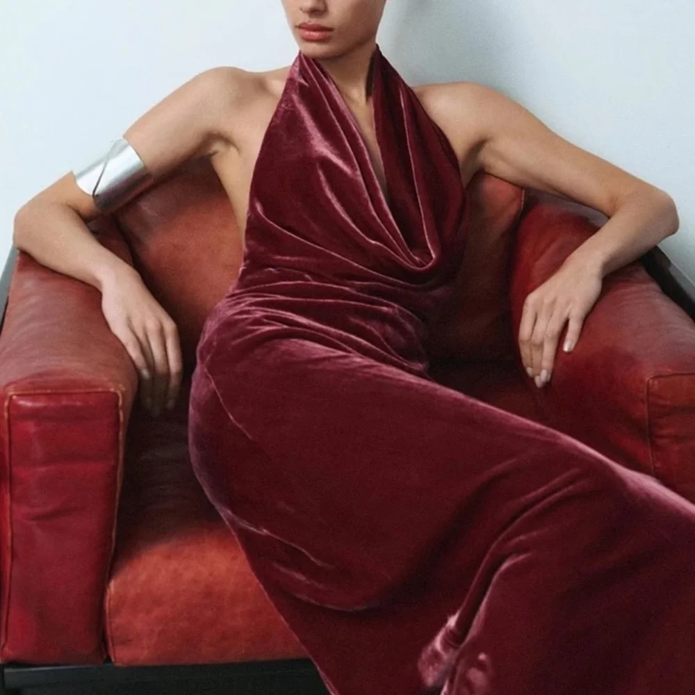 NWOT Zara Raspberry Pink Velvet Maxi Dress Halter Neck Open Back Size XS - Picture 3 of 9